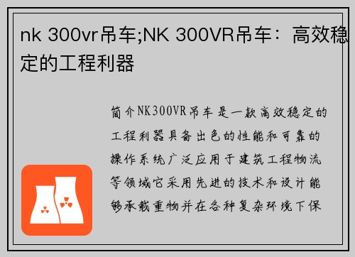 nk 300vr吊车;NK 300VR吊车：高效稳定的工程利器