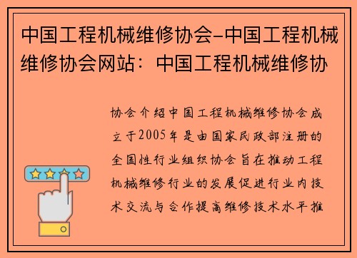 中国工程机械维修协会-中国工程机械维修协会网站：中国工程机械维修协会：促进行业发展