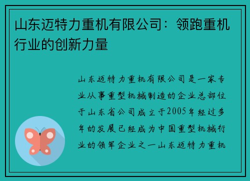 山东迈特力重机有限公司：领跑重机行业的创新力量